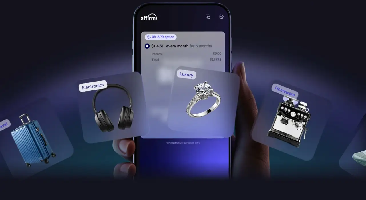 Секция «Товары» с сайта https://www.affirm.com/, тематика — Финансы, цвета — Черный, Серый, стиль — Корпоративный, Карточный, типографика — Без засечек