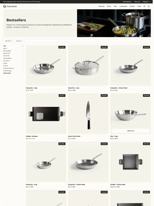 Каталог Gastrotools, тематика — Еда и напитки, цвета — Белый, Серый, стиль — Корпоративный, Минимализм, типографика — Без засечек