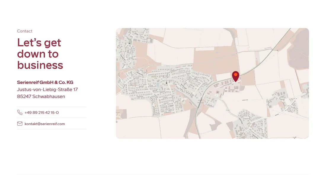 Секция «Контакты» с сайта https://www.serienreif.com/en/startseite-en/, тематика — Бизнес и профессиональные услуги, цвета — Белый, стиль — Корпоративный, Минимализм, типографика — Без засечек