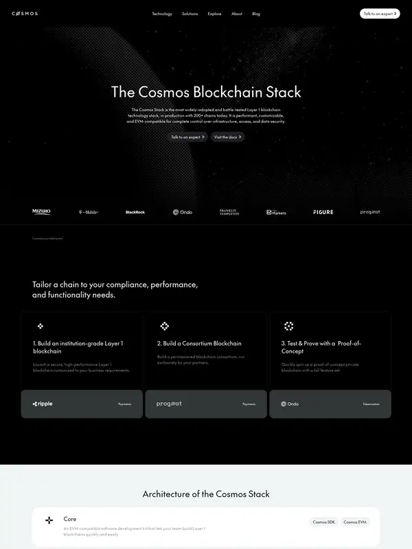 Продукт Cosmos, тематика — Крипто  и блокчейн, цвета — Черный, стиль — Корпоративный, Минимализм, типографика — Без засечек