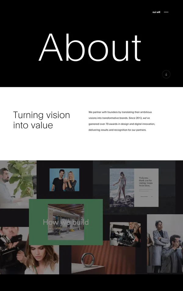Страница о компании Oui Will, тематика — Дизайн, цвета — Белый, Черный, стиль — Минимализм, Типографика, типографика — Без засечек