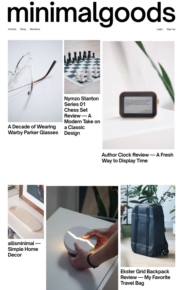 Главная Minimal Goods, тематика — Блог, цвета — Белый, Серый, стиль — Минимализм, типографика — Без засечек