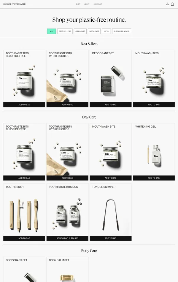 Каталог Bite Toothpaste Bits, тематика — Интернет-магазин, цвета — Белый, Серый, стиль — Минимализм, типографика — Без засечек