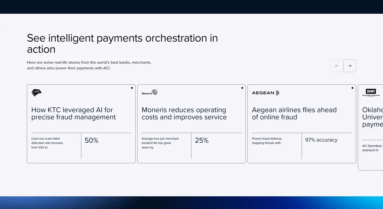Секция «Кейсы» с сайта https://www.aciworldwide.com/, тематика — IT и программное обеспечение, цвета — Белый, Черный, стиль — Корпоративный, Карточный, Минимализм, типографика — Без засечек