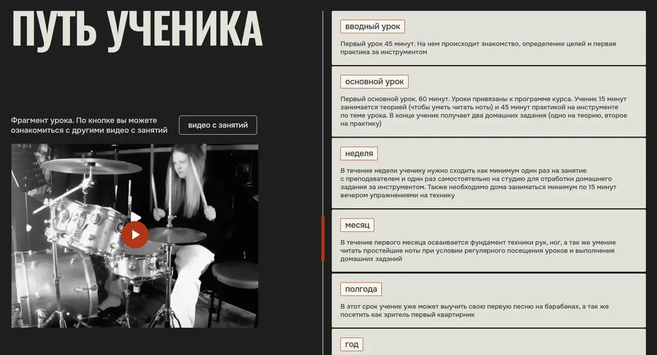 Секция «Этапы» с сайта https://drum-lessons-ekb.ru/, тематика — Музыка, цвета — Белый, Черный, Серый, стиль — Карточный, Брутализм, типографика — Без засечек, Декоративные