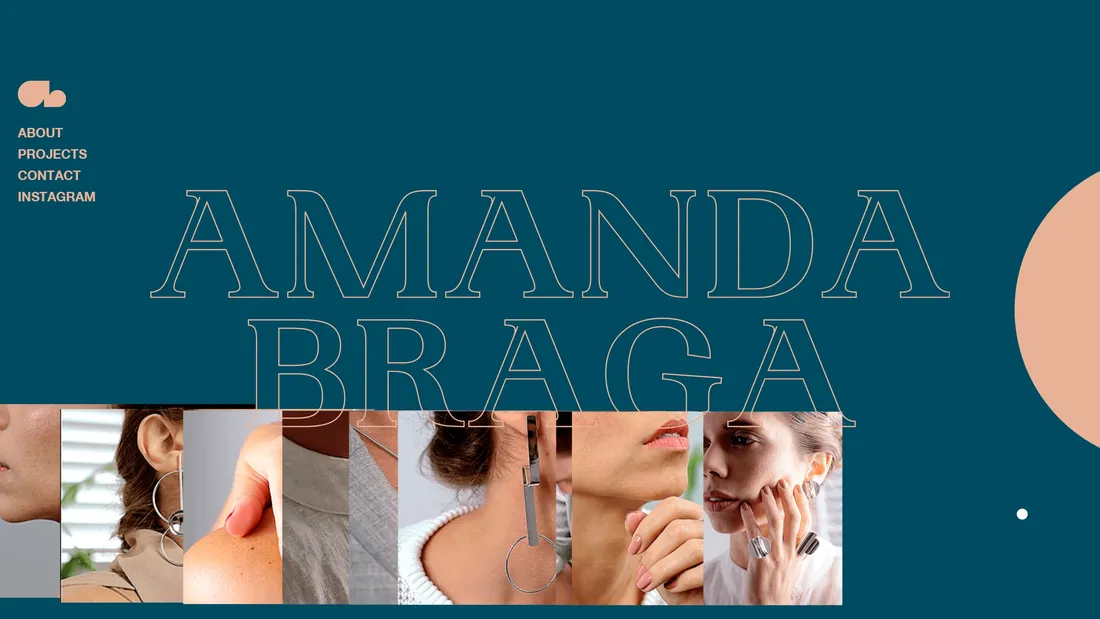 Секция «Первый экран» с сайта https://www.amandabraga.com/, тематика — Дизайн, цвета — Черный, Серый, стиль — Минимализм, Типографика, типографика — С засечками