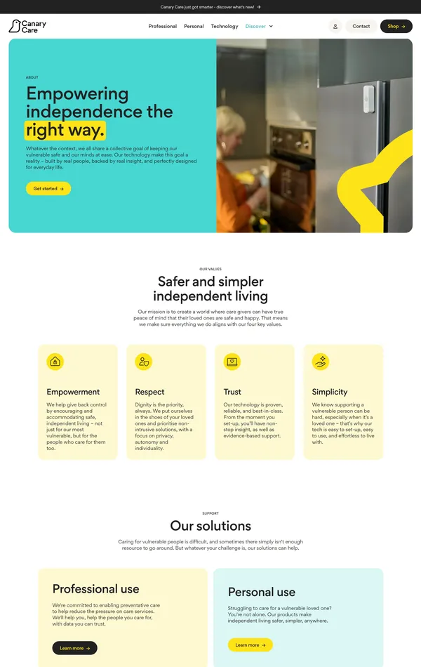 Страница о компании Canary Care, тематика — Здоровье и фитнес, цвета — Белый, Серый, стиль — Корпоративный, типографика — Без засечек