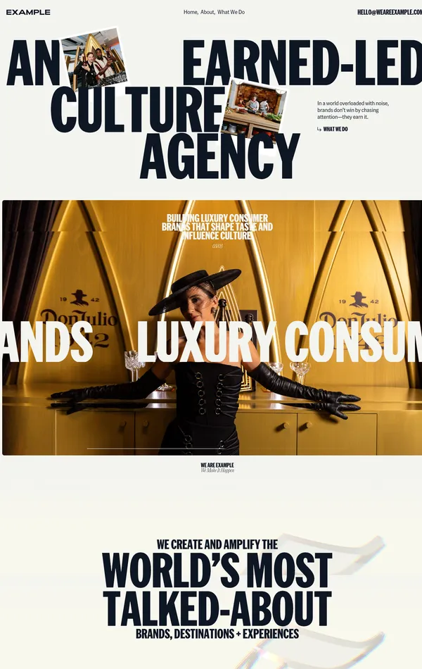 Главная Example, тематика — Агентство , цвета — Белый, Черный, Серый, стиль — Корпоративный, Типографика, типографика — Без засечек, Декоративные