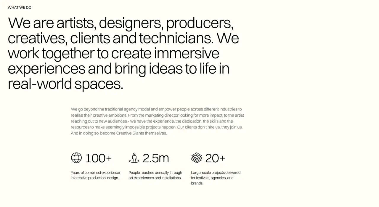 Секция «О компании» с сайта https://www.creativegiants.art/, тематика — Искусство, цвета — Белый, Серый, стиль — Корпоративный, Минимализм, типографика — Без засечек