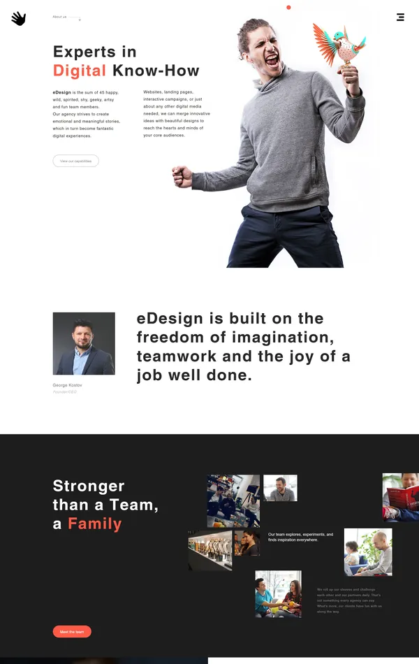 Страница о компании eDesign Interactive, тематика — Дизайн, цвета — Белый, Черный, Красный, стиль — Корпоративный, Минимализм, типографика — Без засечек