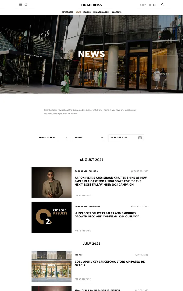 Новости HUGO BOSS, тематика — Интернет-магазин, Одежда, цвета — Белый, Черный, стиль — Корпоративный, Минимализм, типографика — Без засечек