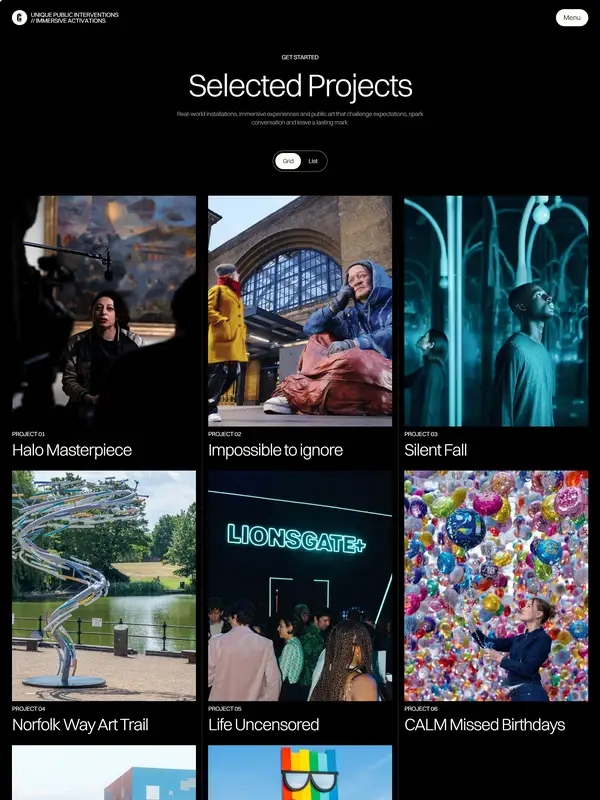 Портфолио Creative Giants, тематика — Искусство, цвета — Белый, Черный, Серый, стиль — Карточный, Минимализм, типографика — Без засечек, Декоративные