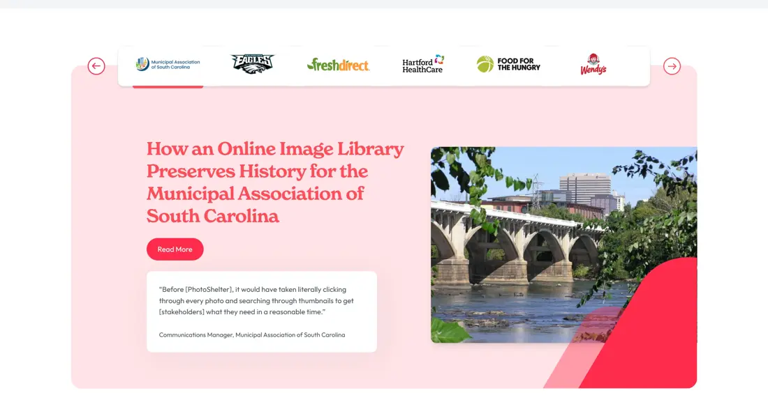 Секция «Кейсы» с сайта https://www.photoshelter.com/, тематика — Некоммерческая деятельность, цвета — Белый, стиль — Корпоративный, типографика — Без засечек