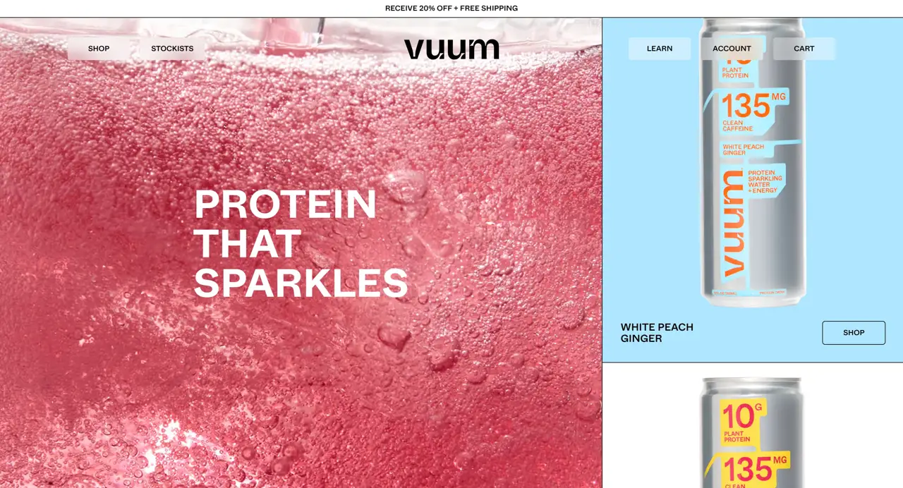Секция «Первый экран» с сайта https://drinkvuum.com/, тематика — Еда и напитки, цвета — Белый, Красный, Розовый, стиль — Минимализм, типографика — Без засечек