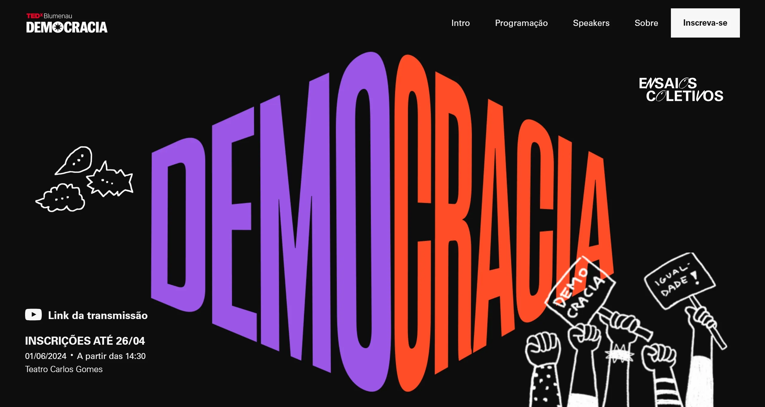 Секция «Первый экран» с сайта https://tedxdemocracia.webflow.io/, тематика — Мероприятия, цвета — Черный, Фиолетовый, стиль — Фестивальный, типографика — Без засечек