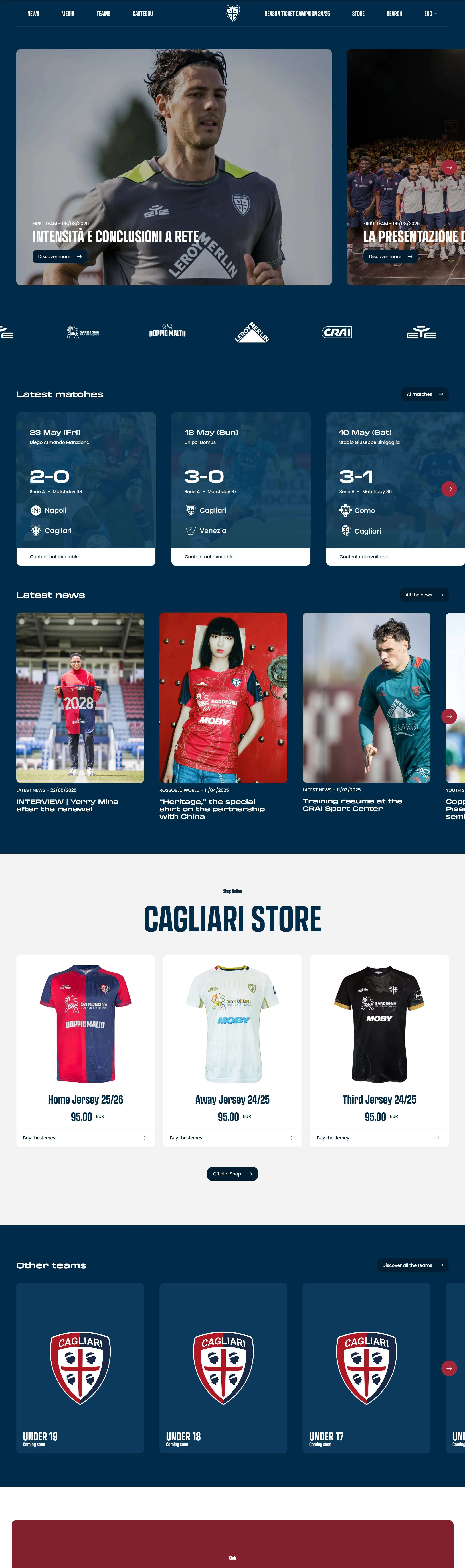 Cagliari Calcio Главная Cagliari Calcio, тематика — Медиа, Мероприятия, цвета — Белый, Черный, Серый, стиль — Корпоративный, типографика — Без засечек
