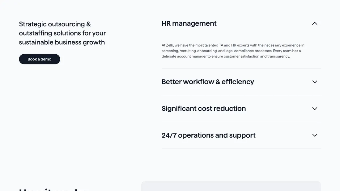 Секция «Преимущества» с сайта https://zelh.com/, тематика — HR, цвета — Белый, стиль — Корпоративный, Минимализм, типографика — Без засечек