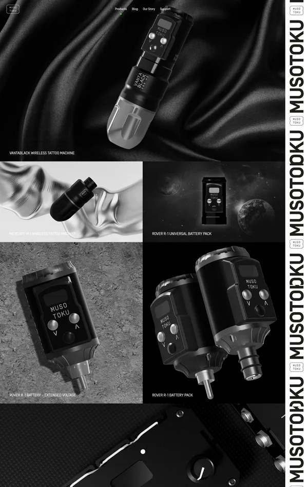 Каталог Musotoku, тематика — Продукт, цвета — Черный, Серый, стиль — Минимализм, типографика — Без засечек
