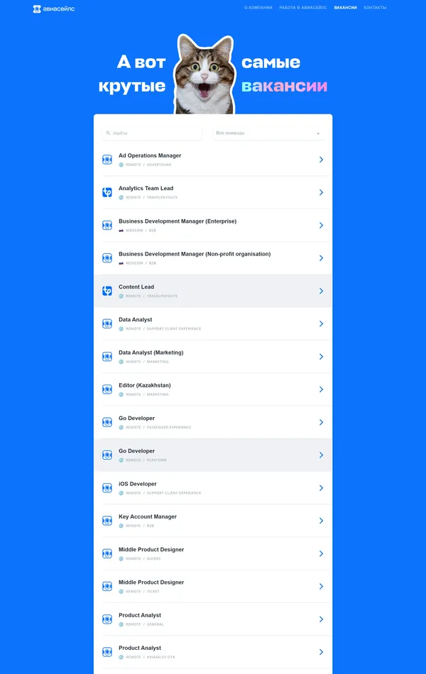 Страница карьеры Авиасейлс, тематика — Путешествия и туризм, цвета — Белый, Синий, стиль — Корпоративный, типографика — Без засечек