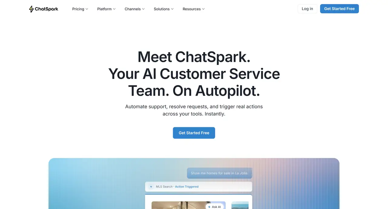 Секция «Первый экран» с сайта https://chatspark.io/, тематика — SaaS, цвета — Белый, Серый, стиль — Корпоративный, Минимализм, типографика — Без засечек
