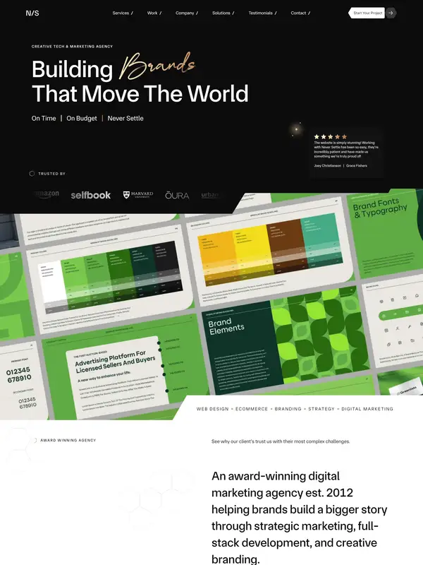 Главная Never Settle, тематика — Агентство , цвета — Черный, стиль — Корпоративный, Минимализм, типографика — Без засечек, Рукописные