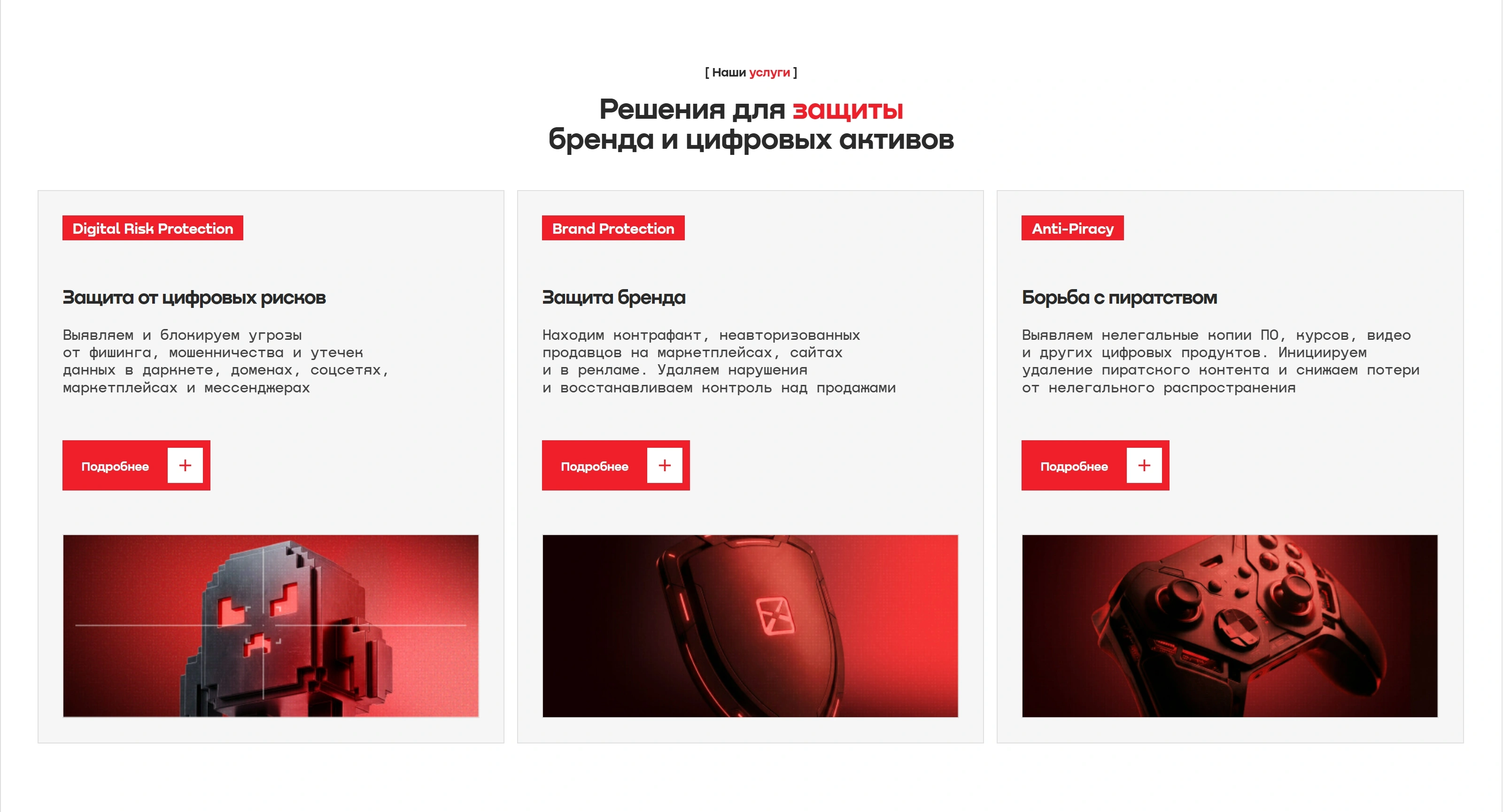 BrandSecurity Секция «Услуги» с сайта https://brandsecurity.ru/, тематика — Бизнес и профессиональные услуги, цвета — Белый, Черный, Красный, стиль — Корпоративный, Карточный, типографика — Без засечек