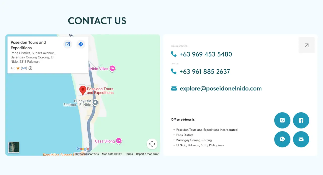 Секция «Контакты» с сайта https://poseidonelnido.com/, тематика — Путешествия и туризм, цвета — Белый, стиль — Корпоративный, Минимализм, типографика — Без засечек