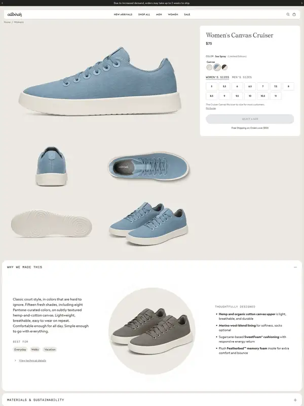 Продукт Allbirds, тематика — Одежда, цвета — Белый, Черный, Серый, стиль — Минимализм, Органический и природный, типографика — Без засечек