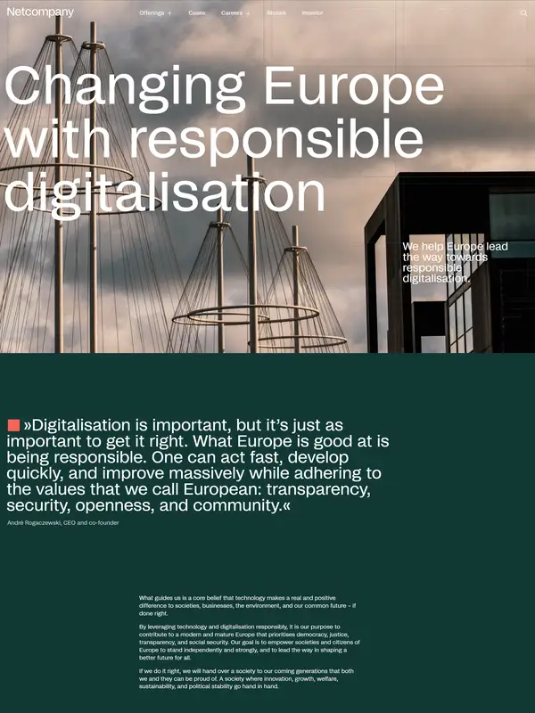 Страница о компании Netcompany, тематика — IT и программное обеспечение, цвета — Белый, Черный, Серый, стиль — Корпоративный, Минимализм, типографика — Без засечек