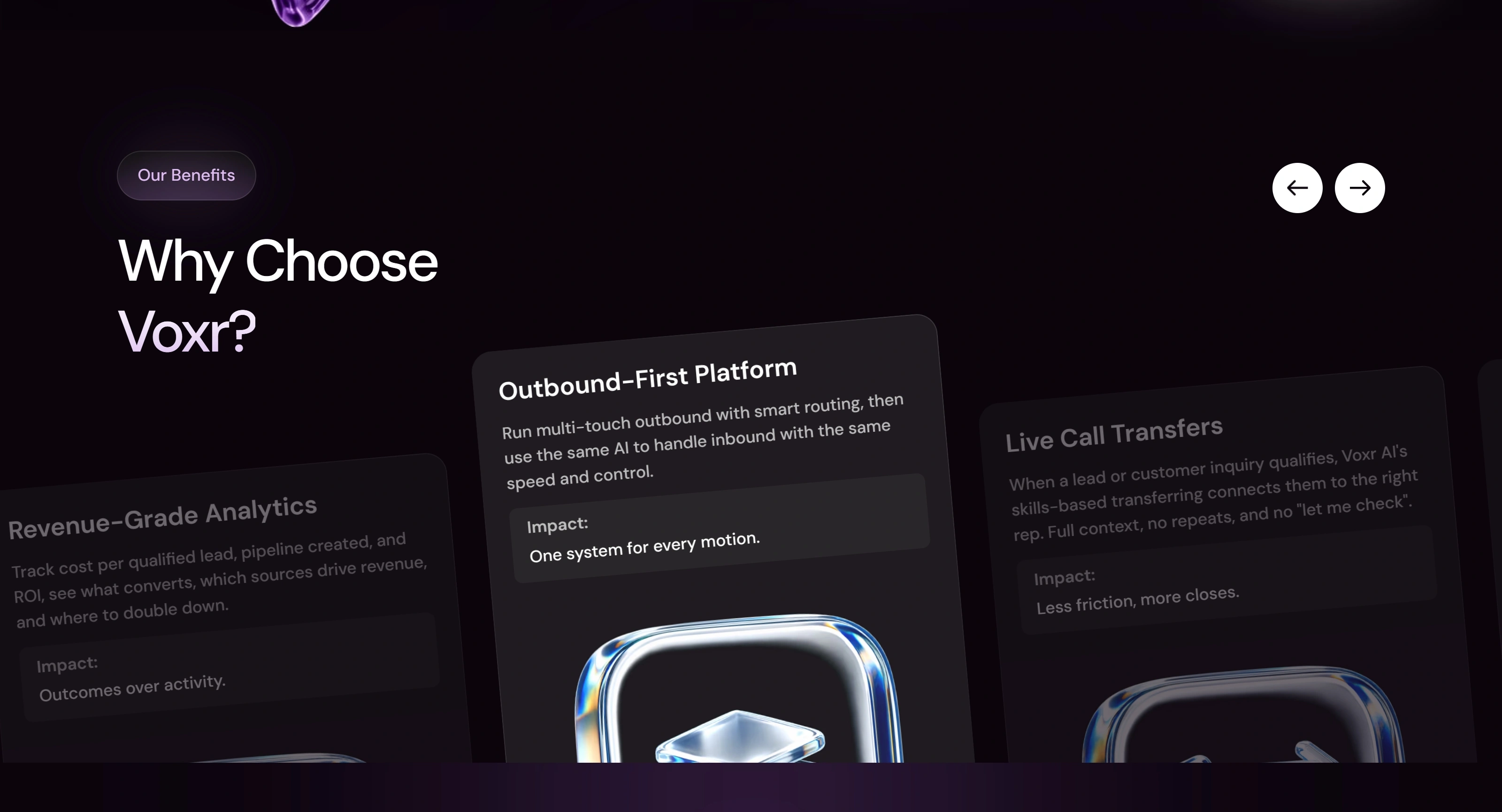 Voxr AI Секция «Преимущества» с сайта https://www.voxr.ai/, тематика — SaaS, цвета — Черный, стиль — Корпоративный, Карточный, типографика — Без засечек