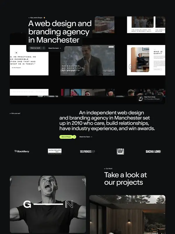 Главная MadeByShape, тематика — Агентство , цвета — Черный, Серый, стиль — Корпоративный, Минимализм, типографика — Без засечек