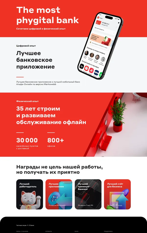 Секция «Первый экран» с сайта https://alfabank.ru/, тематика — Финансы, цвета — Белый, Черный, Красный, стиль — Корпоративный, типографика — Без засечек