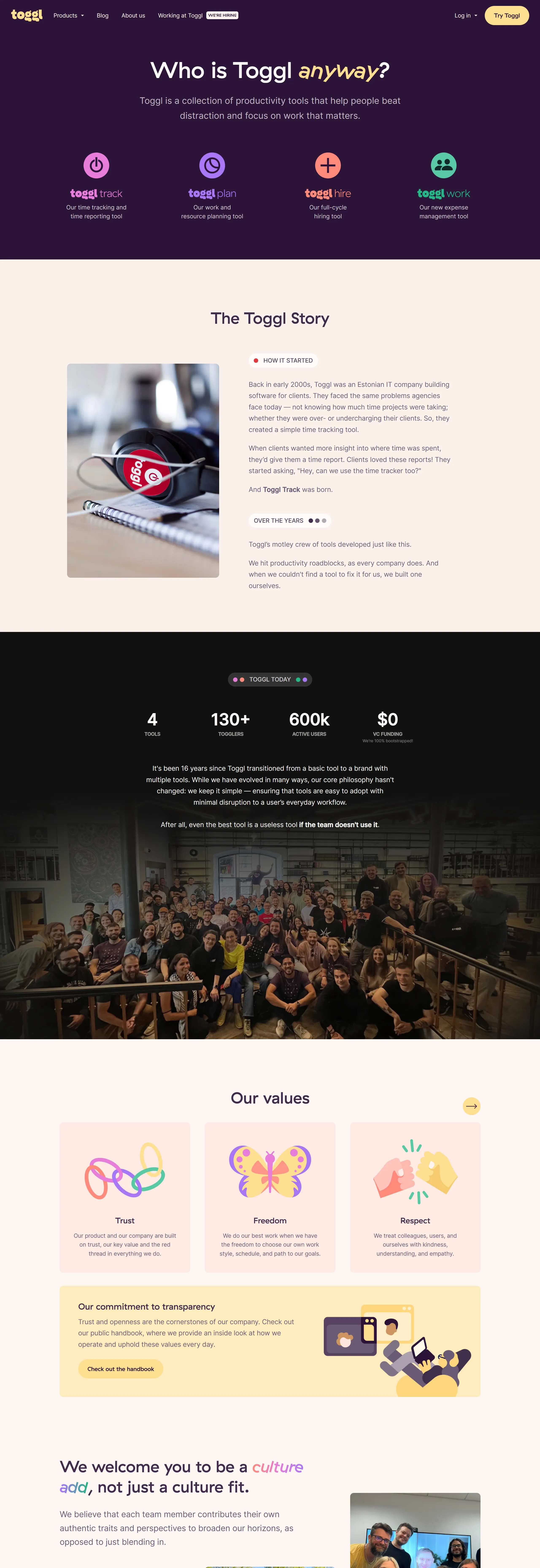 Toggl Track Страница о компании Toggl Track, тематика — IT и программное обеспечение, цвета — Белый, Черный, стиль — Корпоративный, типографика — Без засечек, Рукописные