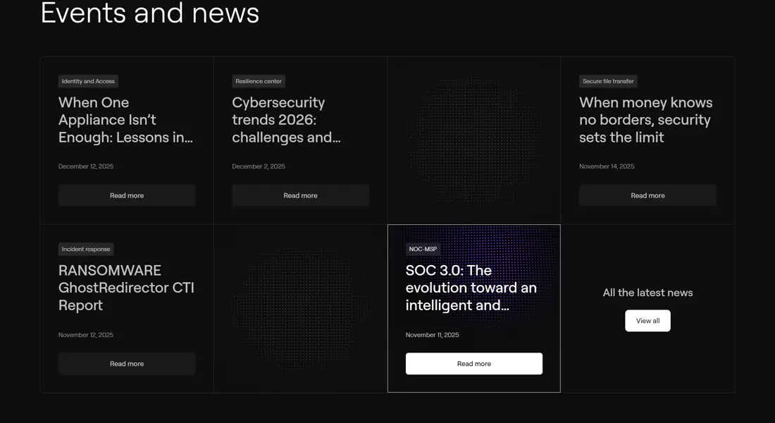 Секция «Новости» с сайта https://neverhack.com/en, тематика — IT и программное обеспечение, цвета — Черный, стиль — Корпоративный, типографика — Без засечек