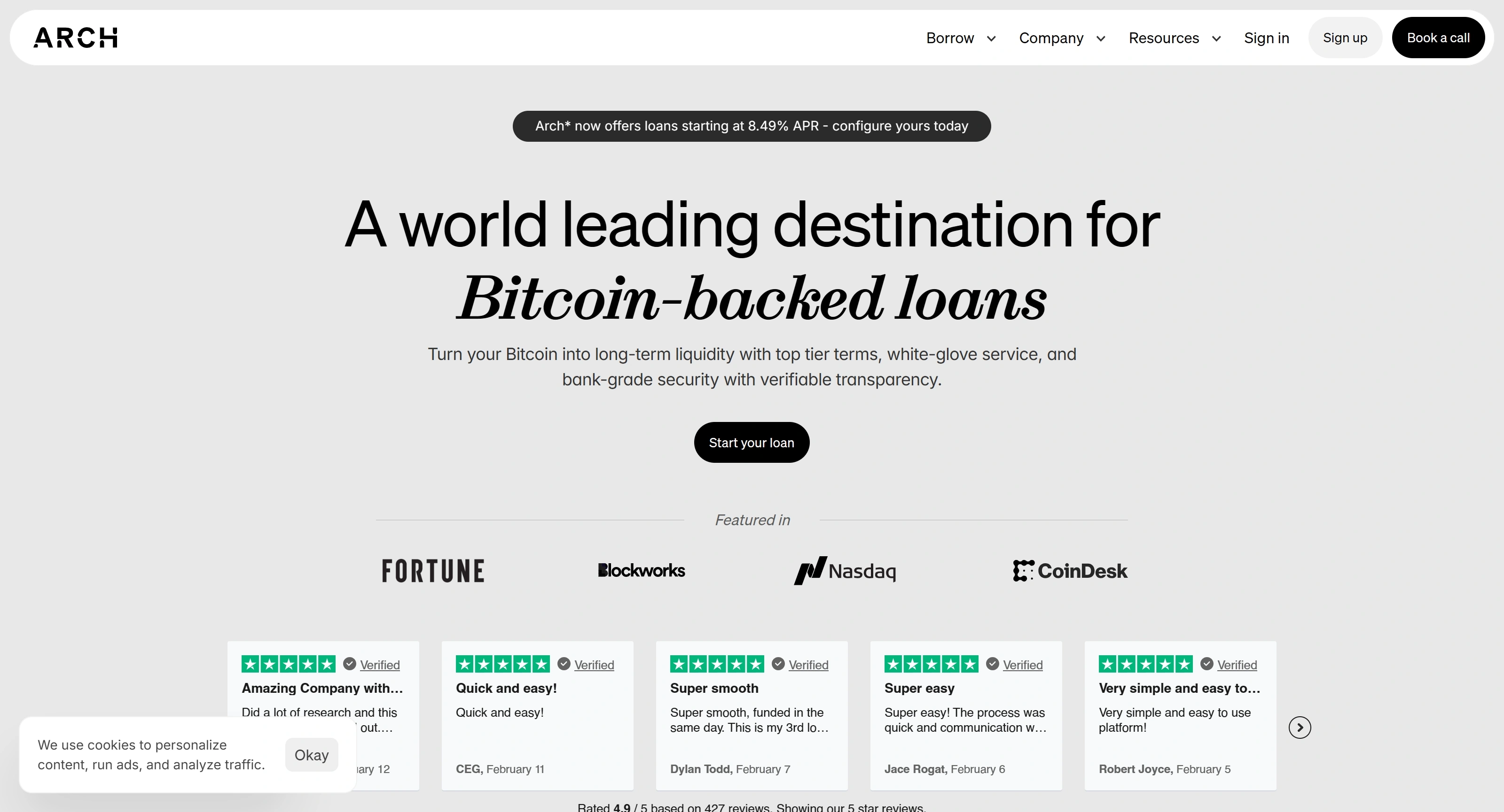 Arch Lending Секция «Первый экран» с сайта https://archlending.com/, тематика — Крипто и блокчейн, цвета — Белый, стиль — Корпоративный, Минимализм, типографика — С засечками, Без засечек