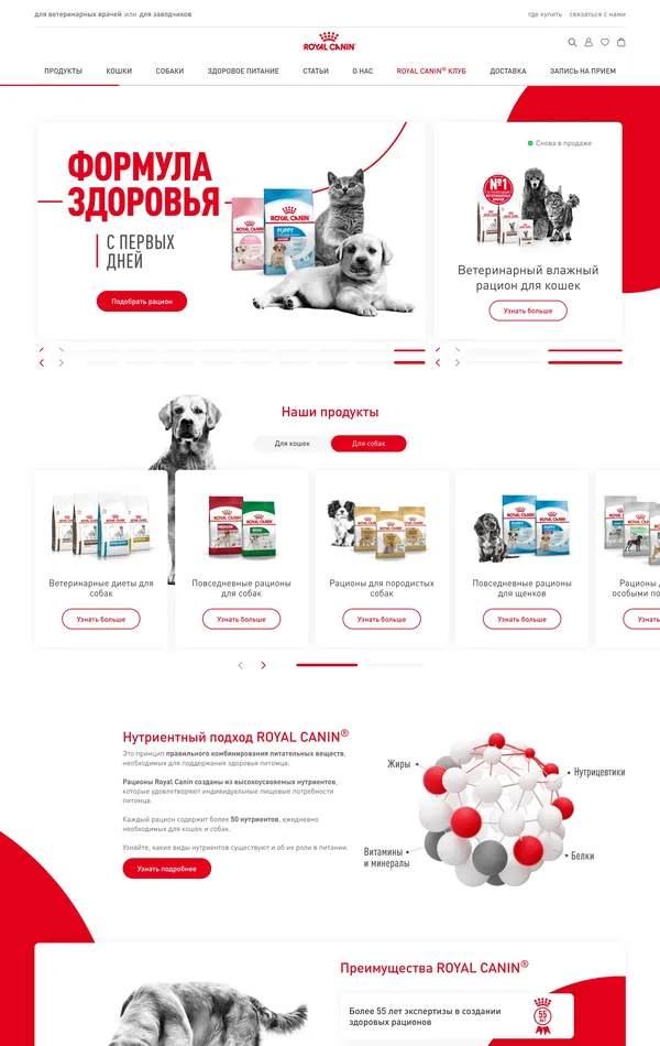 Главная Royal Canin, тематика — Домашние животные, цвета — Белый, Черный, стиль — Корпоративный, типографика — Без засечек