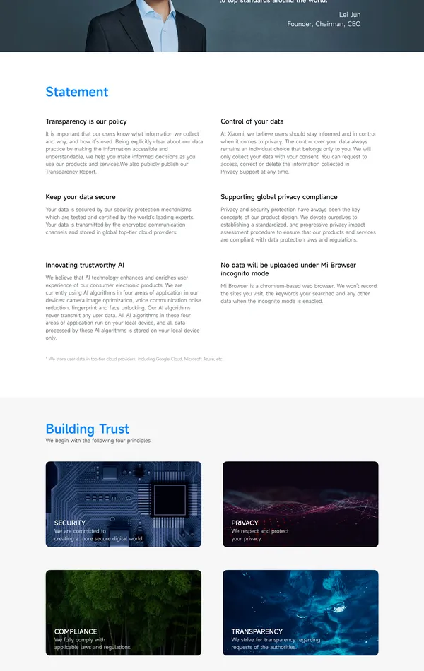 Секция «О компании» с сайта https://www.mi.com/ru/, тематика — IT и программное обеспечение, цвета — Белый, Черный, Серый, стиль — Корпоративный, Минимализм, типографика — Без засечек
