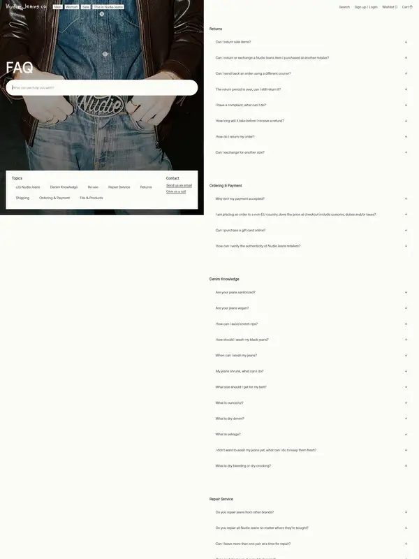 База знаний Nudie Jeans, тематика — Одежда, цвета — Белый, Черный, Серый, стиль — Минимализм, типографика — Без засечек