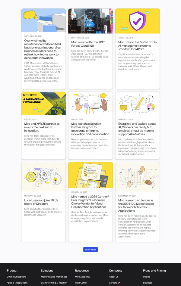 Новости Miro, тематика — IT и программное обеспечение, цвета — Белый, Черный, стиль — Корпоративный, типографика — Без засечек