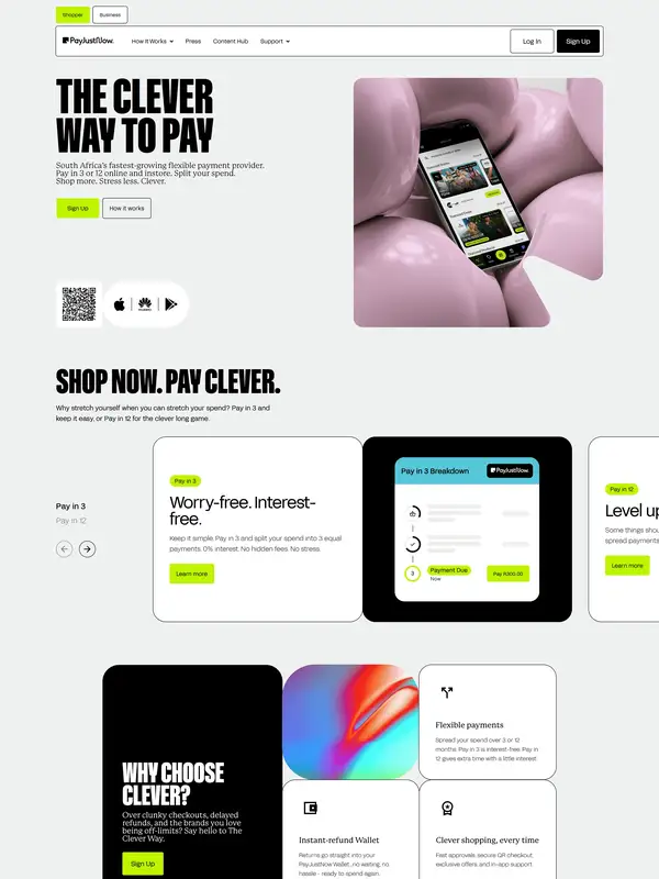 Главная PayJustNow, тематика — Финансы, цвета — Белый, Черный, Серый, стиль — Карточный, Брутализм, типографика — Без засечек, Декоративные