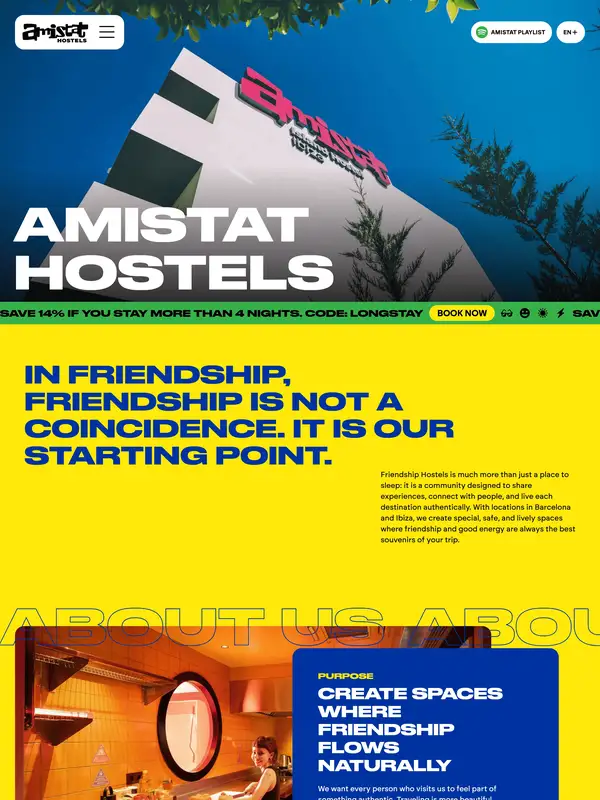 Лендинг Amistat Hostels, тематика — Размещение, цвета — Серый, Синий, Оранжевый, стиль — Карточный, Брутализм, типографика — Без засечек, Декоративные