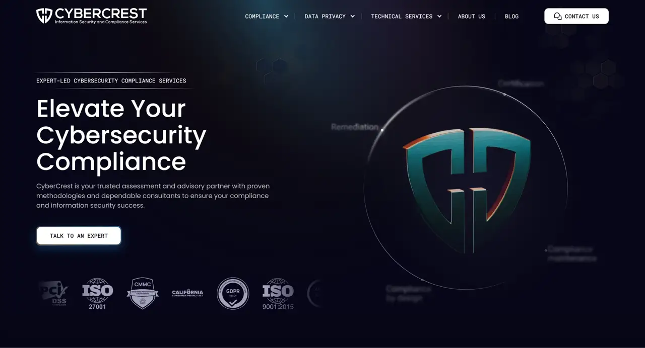 Секция «Первый экран» с сайта https://www.cybercrestcompliance.com/, тематика — Бизнес и профессиональные услуги, цвета — Черный, стиль — Корпоративный, Минимализм, типографика — Без засечек