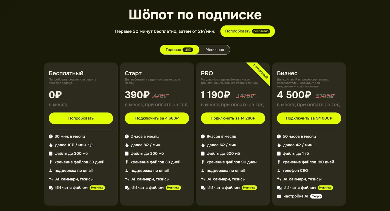 Секция «Цены» с сайта https://shopot.ai/, тематика — SaaS, цвета — Черный, стиль — Карточный, Минимализм, типографика — Без засечек