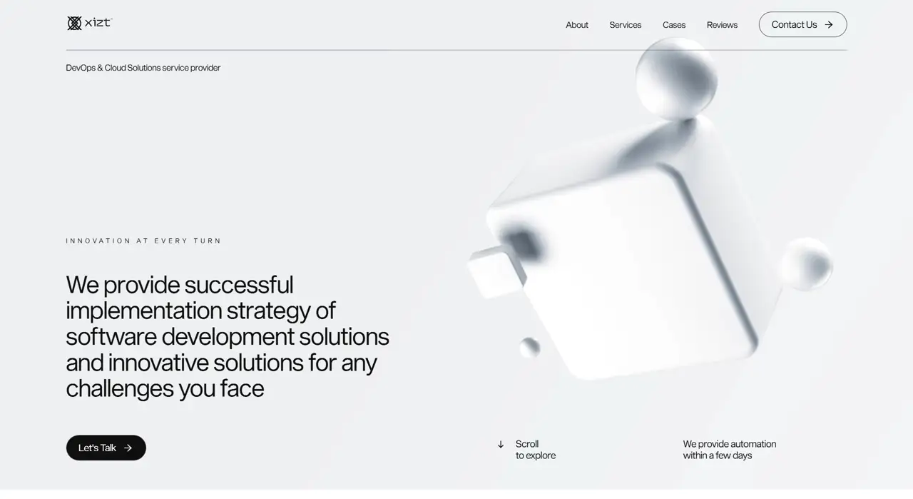 Секция «Первый экран» с сайта https://xiztdevops.com/, тематика — IT и программное обеспечение, цвета — Белый, стиль — Корпоративный, Минимализм, типографика — Без засечек