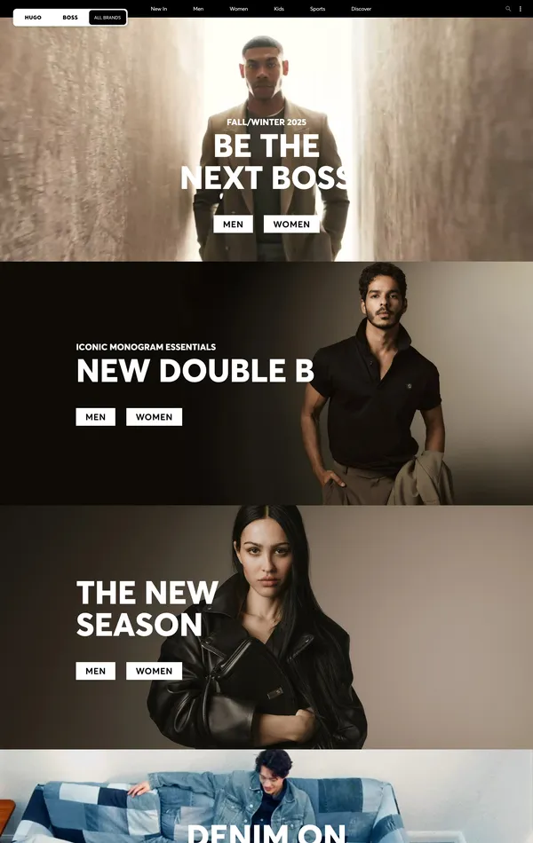 Главная HUGO BOSS, тематика — Интернет-магазин, Одежда, цвета — Белый, Черный, Серый, стиль — Корпоративный, типографика — Без засечек