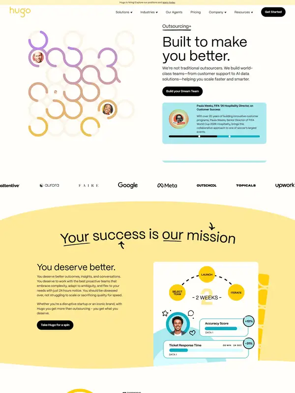 Главная Hugo Inc., тематика — SaaS, цвета — Белый, Желтый, стиль — Корпоративный, Минимализм, типографика — Без засечек, Декоративные