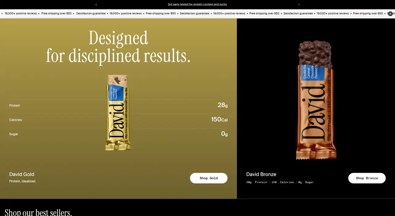 Секция «О продукте» с сайта https://davidprotein.com/, тематика — Еда и напитки, цвета — Черный, Серый, Коричневый, стиль — Корпоративный, Минимализм, типографика — Без засечек, Декоративные