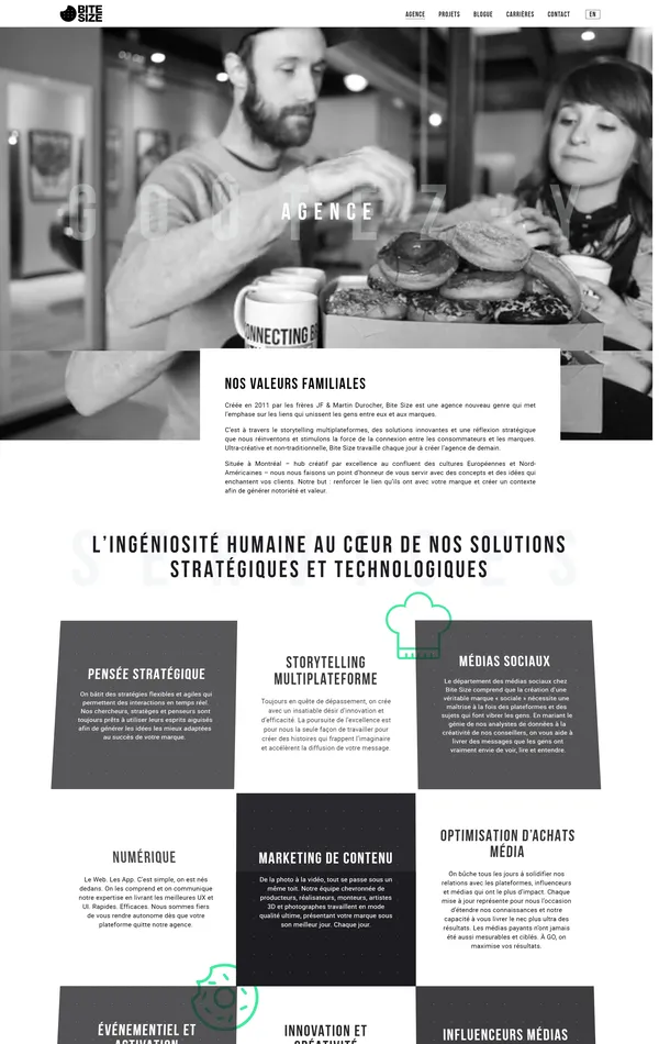 Страница о компании Bite Sizeinc, тематика — Агентство , цвета — Белый, Черный, Серый, стиль — Корпоративный, Минимализм, типографика — Без засечек