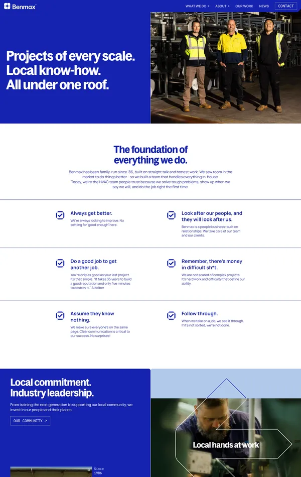 Страница о компании Benmax, тематика — Строительство, цвета — Белый, Черный, Серый, Синий, стиль — Корпоративный, типографика — Без засечек