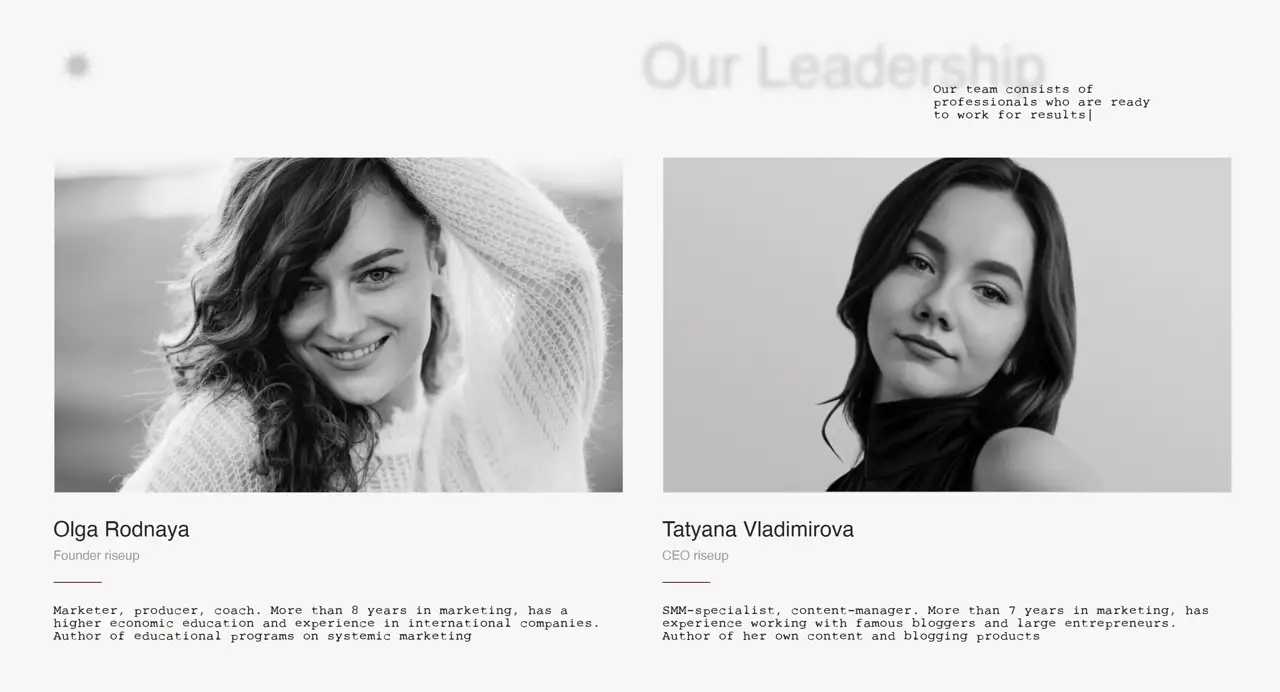 Секция «Команда» с сайта https://studio-riseup.com/, тематика — Агентство , цвета — Белый, Черный, Серый, стиль — Минимализм, типографика — С засечками, Без засечек